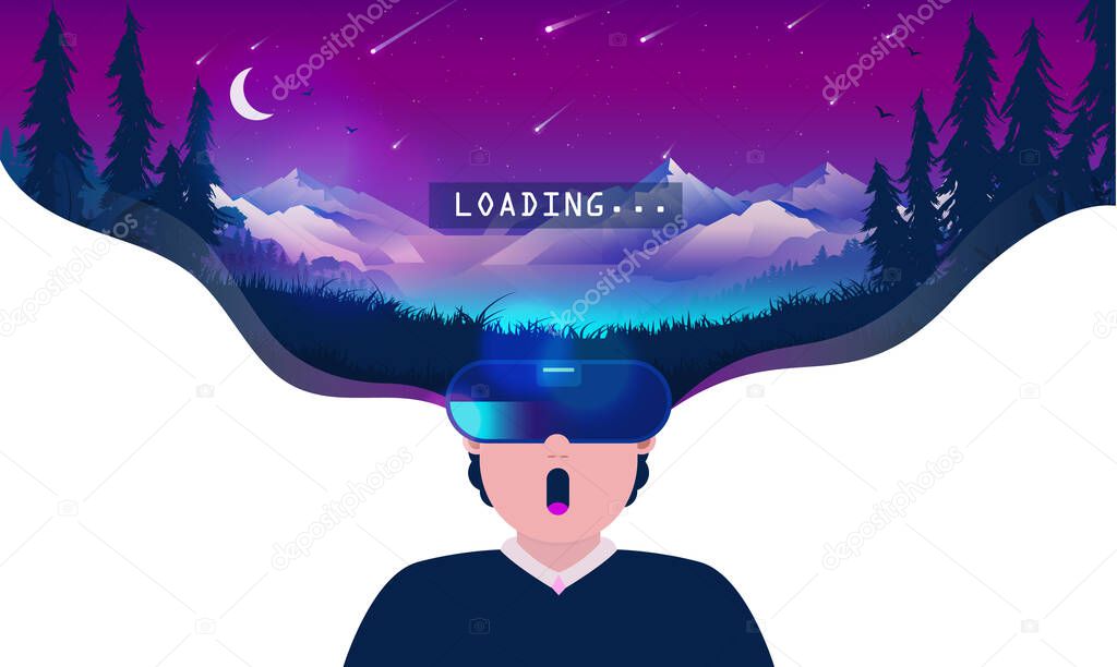 Virtual reality escape - Man with VR glasses watching a loading screen. Beautiful night scene with shooting stars in background. Vector illustration