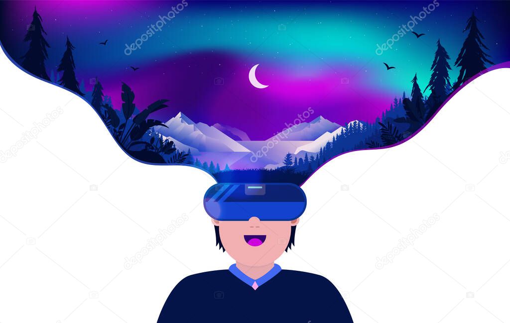 Virtual reality beauty - Man using VR headset to experience a beautiful night forest scene. Video game, escape reality and technology concept. Vector illustration.