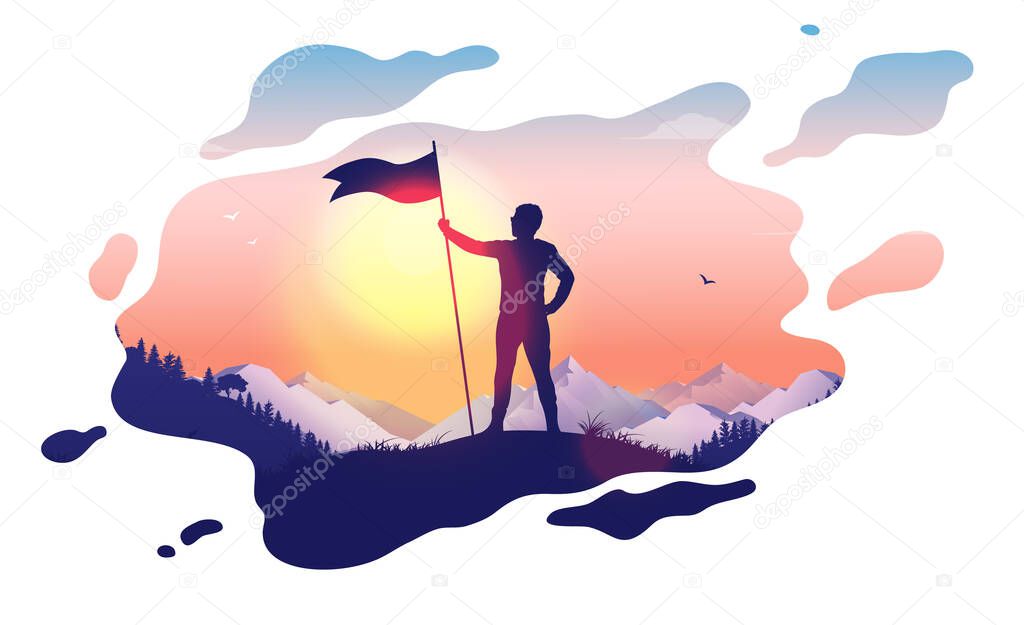 Dream of success - Man holding flag on hilltop in a dreamy fluid shape. Raised flag, mountains and landscape. Successful, hope, and life goals concept. Vector illustration.