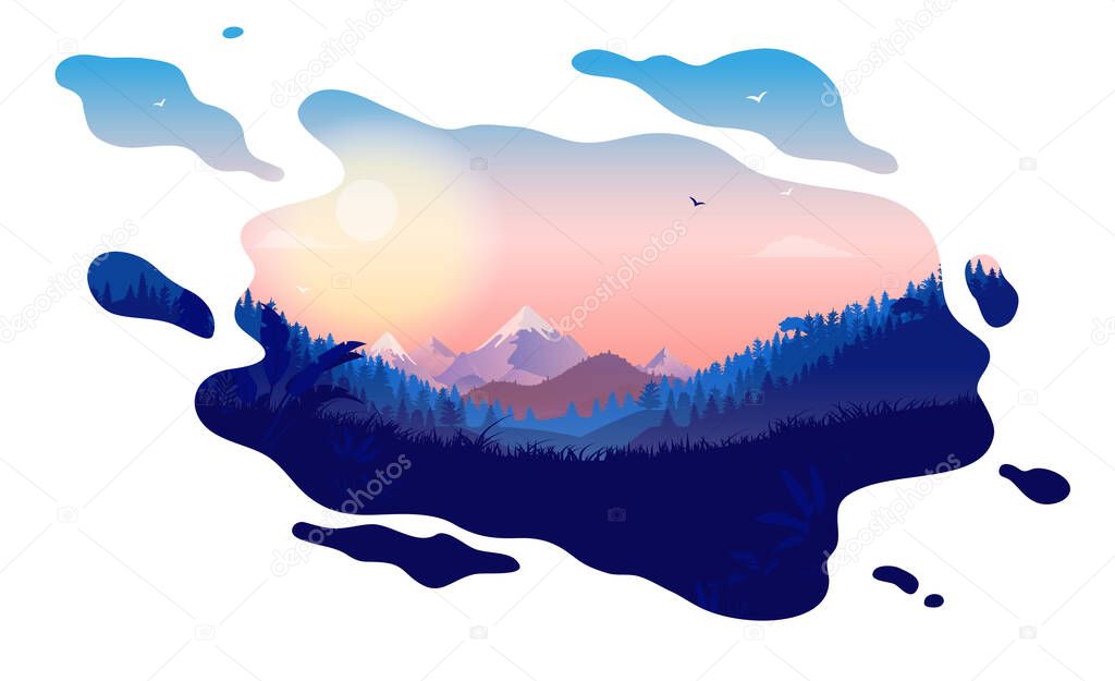 Dreamy landscape illustration - Beautiful nature scene in a dreamy liquid shape. Sunrise over mountains, great view and clear sky. Beautiful dreams, freedom and fresh air concept.