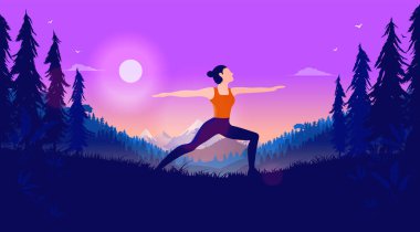 Dışarıda yoga yapan bir kadın dışarıda, güzel bir manzaranın içinde savaşçı pozunda duruyor. Orman ve dağ manzarası, akşam ve gün batımı mor bir gökyüzünde. Vektör illüstrasyonu.