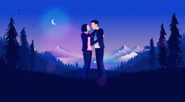 Gece ay ışığı ve güzel manzaralı bir çift buluşuyor. Romantik insanlar flört ederken sevgi gösterirler. İlişki, aşıklar ve tutku konsepti. Vektör illüstrasyonu.
