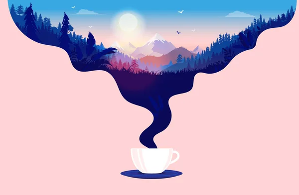 早上的咖啡 咖啡杯与蒸汽和美丽的日出与森林 山脉和蓝天的风景 早上好 和休息的概念 矢量说明 — 图库矢量图片