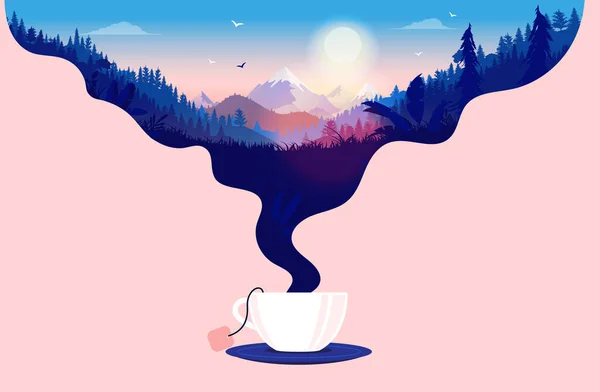 Morning Tea Cup Tea Steam Forming Beautiful Landscape Sunrise Great — Stock Vector