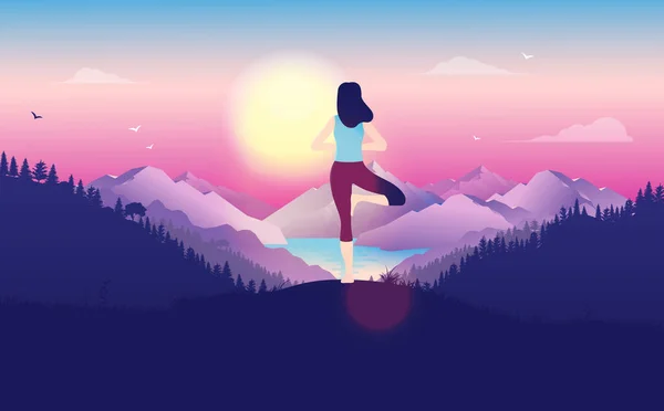 Yoga Sunrise High Altitude Woman Hilltop Doing Tree Pose Beautiful — Archivo Imágenes Vectoriales