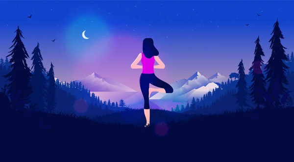 夜の風景のヨガ 女性は海 山の美しい景色で木のポーズをしています 月と夜空 月明かりが輝いている ベクターイラスト — ストックベクタ