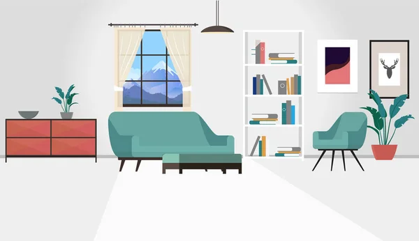 リビングルームのシーン 人がいない普通の家の家具のベクトルイラスト ソファ インテリア要素 — ストックベクタ
