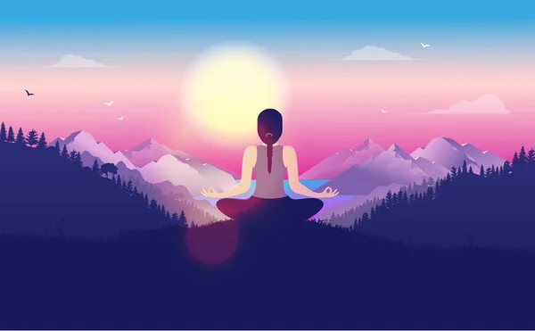 Doğa görüşünde meditasyon. Büyük parlak güneşin önünde meditasyon yapan bir kadın. Dağlarla, okyanuslarla ve ormanlarla dolu bir manzara. Rahatlatıcı, farkındalık ve meditasyon konsepti. Vektör illüstrasyonu.