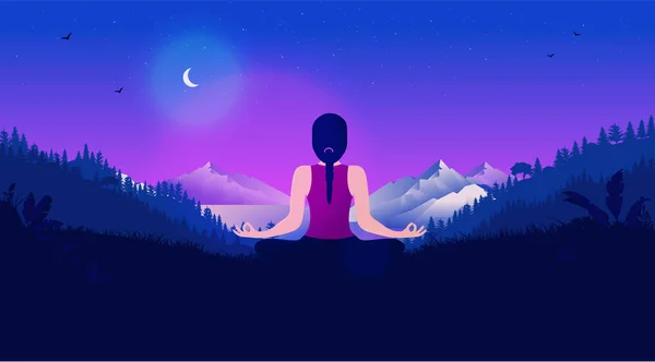 Meditating Night Woman Meditation Pose Sitting Nature Watching Landscape View — Stock Vector