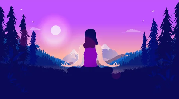 Woman meditating in landscape - Female person sitting in nature with sunrise and purple sky having a spiritual experience. Forest, mountains and beautiful view. Vector illustration.