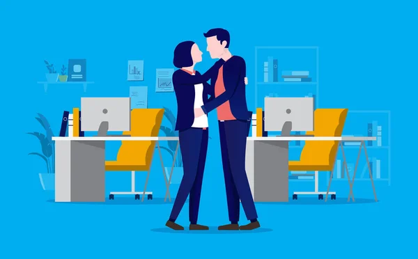 Pareja Oficina Abrazándose Casi Besándose Romance Lugar Trabajo Coqueteo Concepto — Vector de stock