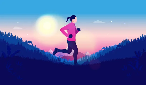 女人一大早在美丽的风景中慢跑 山区和森林背景 女跑步者 运动和健康的生活方式概念 矢量说明 — 图库矢量图片