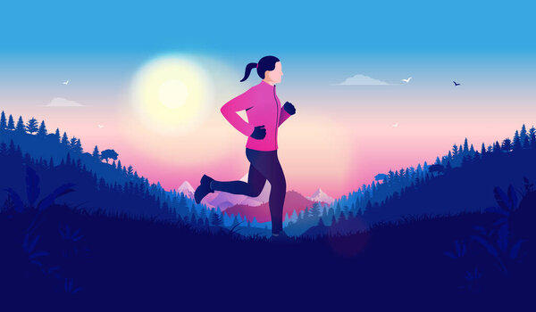 Woman jogging early morning in beautiful landscape. Mountains and forest in background. Female runner, exercise and healthy lifestyle concept. Vector illustration.