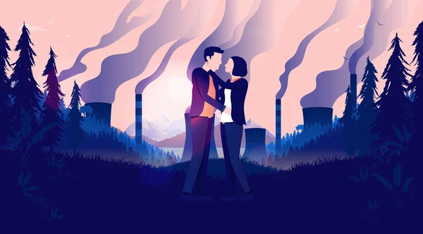 在一个被污染的地方的夫妻 两个人站在大自然与污染环境的工厂的关系中 气候变化 希望有一个更美好的明天和未来的概念 — 图库矢量图片