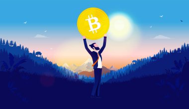 Bitcoin özgürlüğü, sakallı hippi adam manzarada kafasına büyük bir para tutuyor. Orman dağları ve arkadaki mavi gökyüzü. Kripto para birimi, büyüme, yükselme ve kazanma konsepti. Vektör.