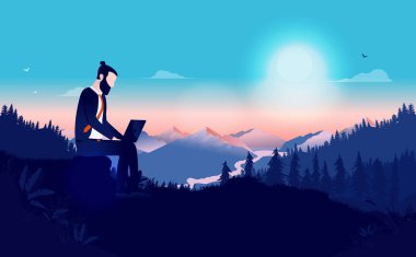 Uzaktan kumandalı bir iş, doğada tek başına oturan bir adam dizüstü bilgisayarla çalışıyor. Güneşli ve arka planda dağlar olan güzel bir manzara. Bağımsız, bağımsız, yalnızlık ve iş kavramı. Vektör