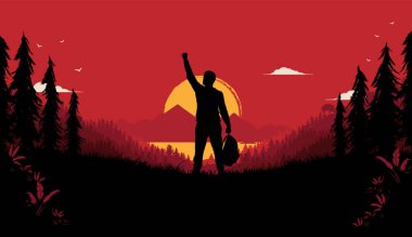 Kişisel özgürlük ve başarı illüstrasyonu- Doğanın gururlu adamı gün doğumunun önünde elini kaldırdı. Özgür hissetmek, macera ve yürüyüş konsepti. Vektör.