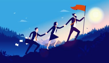 Liderlik - Hedefe ulaşmak için birlikte çalışan üç iş adamı. Tepeye bayrak dikmek için zorlu bir tırmanış. Takım çalışması başarı yaratır, zorlukların üstesinden gelir, meydan okuma ve fırsatlar kavramı.