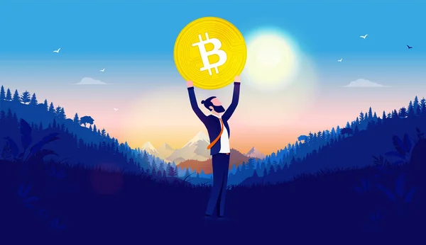 Bitcoin Vrijheid Hipster Man Met Baard Met Een Grote Munt — Stockvector