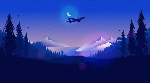 Avión Cielo Nocturno Avión Volando Sobre Paisaje Del Norte Por — Vector de stock