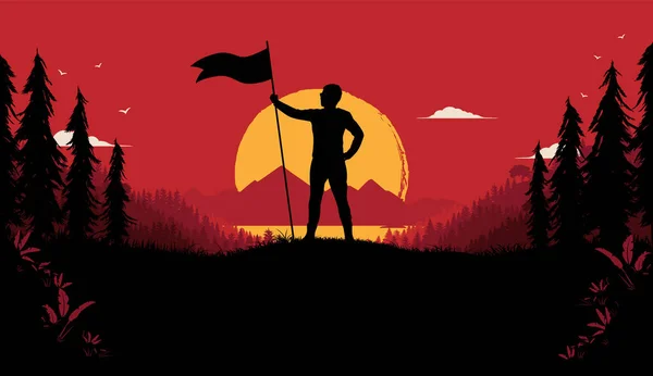 自由革命 在山顶上昂首阔步的人举着国旗 背景为自然景观 动机的赢家 成功和权力的概念 矢量说明 — 图库矢量图片