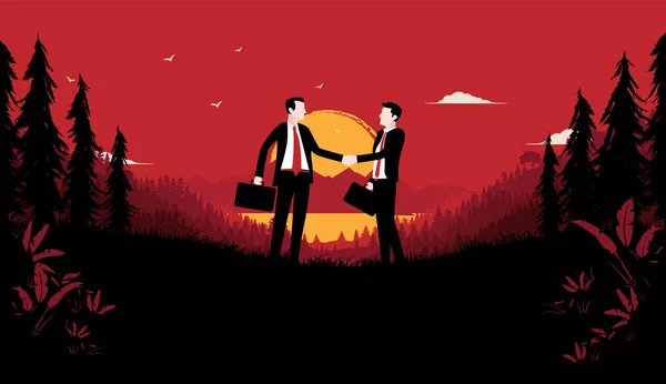 Shady Business Deal Secret Place Two Businessmen Shaking Hands Briefcases — Stock Vector