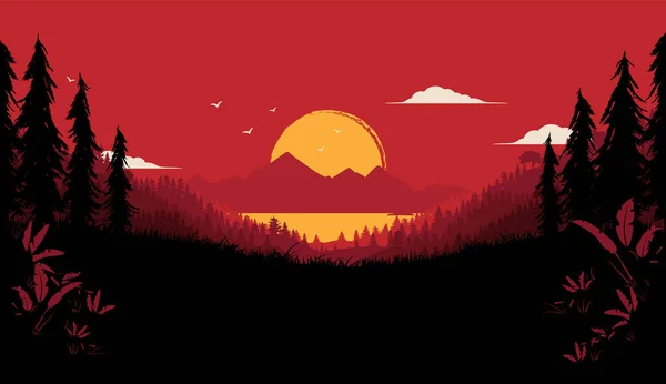 Векторні Ілюстрації Вайлдернес Драматичний Фон Природи Великим Заходом Сонця Лісом — стоковий вектор