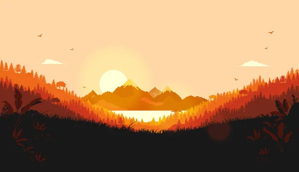 Paysage Vectoriel Avec Soleil Chaud Lever Soleil Sur Les Montagnes — Image vectorielle