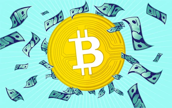 Bitcoin価格イラスト どこでも飛ぶお金に囲まれた大きな暗号通貨コイン 価格の成長と価値概念の増加 ベクトル — ストックベクタ