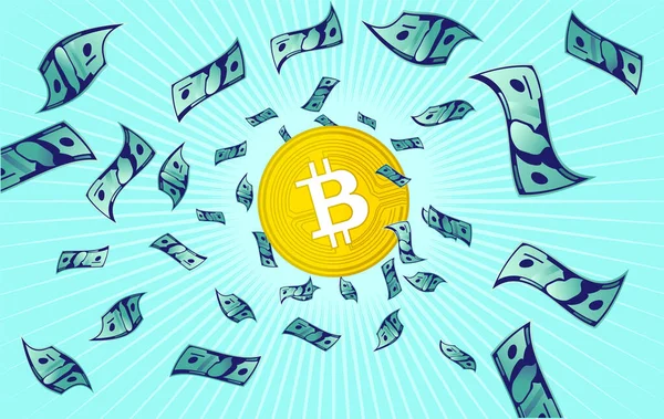 Bitcoin değeri - bir Bitcoin ile para bir patlama gibi uçuşuyor. Fiyat artışı, başarı ve yatırım kavramı. Vektör illüstrasyonu.