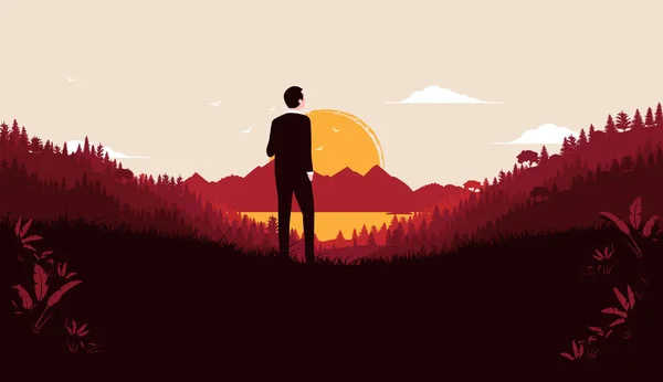 Κάντε Ένα Διάλειμμα Επιχειρηματίας Βλέποντας Ηλιοβασίλεμα Και Τον Ουρανό Έξω — Διανυσματικό Αρχείο