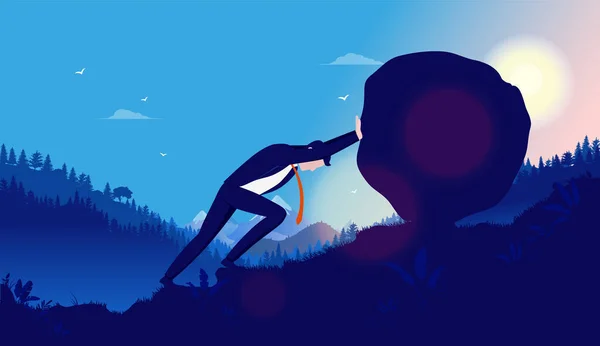 Ağır iş ve sorunlar. İş adamı, arka planda orman ve güneş dağları olan ağır kayaları tepeye itiyor. Sıkı çalışma, başarıya ulaşma, sıkıntı kavramının üstesinden gelme. Vektör illüstrasyonu.
