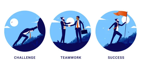 Uitdaging Teamwork Succes Set Vector Illustratie Van Zakenmensen Duwen Rock — Stockvector