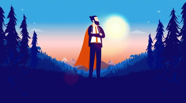 Hombre Negocios Superhéroe Hombre Hipster Corporativo Capa Roja Pie Paisaje — Vector de stock