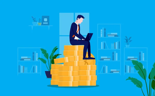 Investment Growth Businessman Sitting Stack Coins Working Laptop Accumulating Collecting — Stock Vector