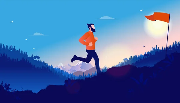 Objetivos Ejercicio Hombre Corriendo Corriendo Cuesta Arriba Para Alcanzar Meta — Vector de stock