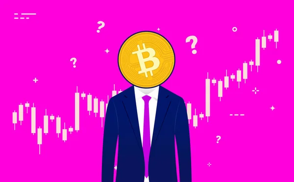 Bitcoin Trader Homme Anonyme Avec Costume Pièce Devant Visage Trading — Image vectorielle