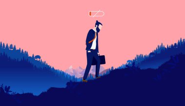 Burnout, dışarıda tepede kafası bataryalarla yürüyen bitkin bir insan. Moralim bozuk, depresyondayım, çok çalışıyorum ve enerjim az. Depresyon kavramı, vektör illüstrasyonu.