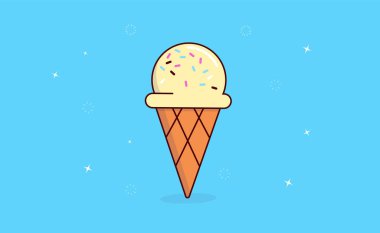 Dondurma vektörü - Üzerinde mavi arkaplan olan külahta vanilyalı dondurma tasviri.