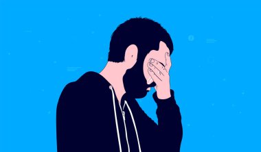 Ağlayan erkek. Kapüşonlu ve sakallı sıradan bir adam. Ağlıyor. Bunalımlı, üzücü ve duygusal bir kavram. Vektör illüstrasyonu.