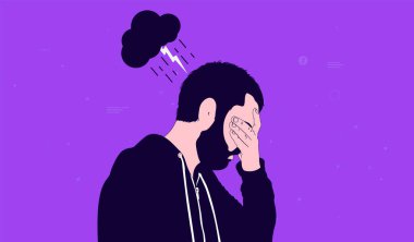 Erkek depresyonu - Adam ve başının üzerinde kara bulut yağmur ve fırtına ile. Kendini hasta ve depresif hissederek yüzünü tutuyor. Akıl sağlığı ve sorun kavramı. Vektör illüstrasyonu.