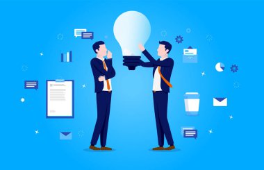 Fikir ve planlama işi. İki üretken iş adamı iş stratejisi üzerinde düşünüyor ve çalışıyor. Büyük fikirler, girişimcilik ve yaratıcılık kavramı. Vektör illüstrasyonu.