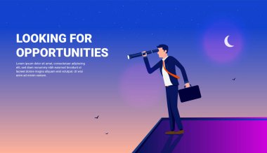 Fırsatlar arıyor. Elinde dürbünle binanın tepesinde fırsat kollayan bir işadamı. Arka planda ay ve kuşlar var. İşe alım, iş büyümesi ve kariyer arzusu kavramı.