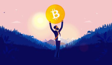 Azınlık bitcoin özgürlüğü - Afro-Amerikalı bir adam açık arazide duruyor kafasında bozuk para ve arka planında gün doğumu var. Kripto para birimi bağımsızlığı ve umut kavramı. Vektör illüstrasyonu.