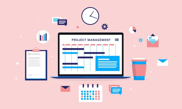 프로젝트 Project Management 차트상의 소프트웨어 계획이 노트북 컴퓨터 매니저가 필요로 — 스톡 벡터