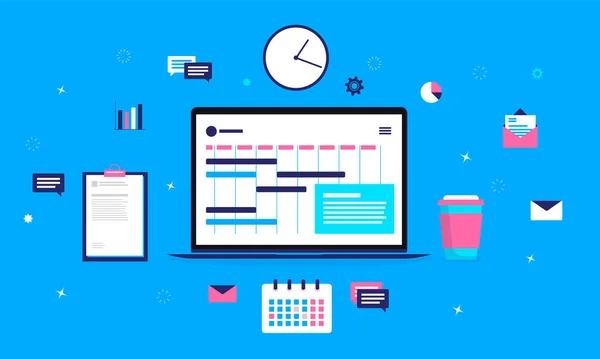 Trabajo Del Gestor Proyectos Computadora Portátil Objeto Necesario Para Gestión — Vector de stock