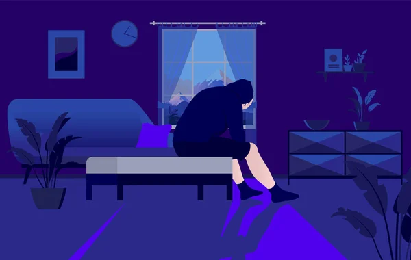 Déprimé Seul Maison Triste Homme Assis Dans Salon Sombre Pleurant — Image vectorielle