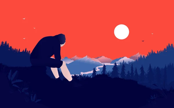 Depresyondaki genç, kızıl gökyüzü ve vadi manzarasıyla doğada tek başına oturuyor. Milenyum depresyonu, akıl sağlığı ve her şeyden kaçış. Vektör illüstrasyonu.