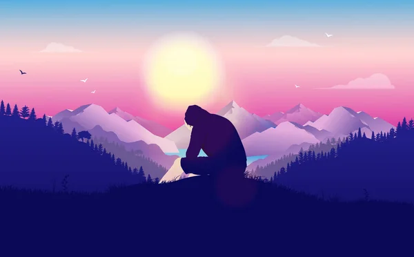 Man Crying Alone Landscape Young Male Hoodie Sitting Hilltop Hands — Stock Vector