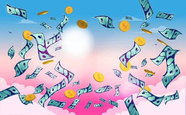 Money Falling Sky Dollar Bills Coins Blowing Wind Clouds Sun — Vetor de Stock